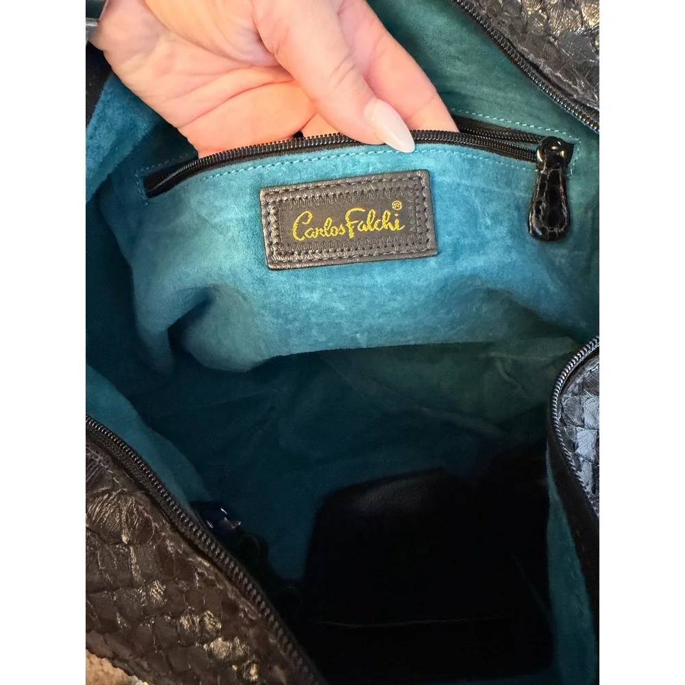 Carlos Falchi Black Python Leather Hobo Bag Teal Suede Lining Exotic Snakeskin